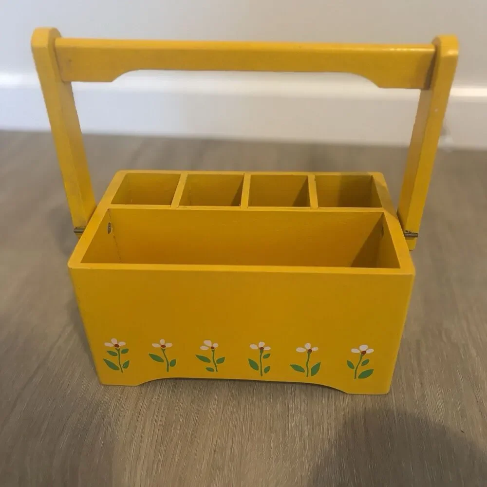 Vtg 1984 Teleflora Yellow Wooden Handle Caddy Desk Organizer Flower Crate 8in